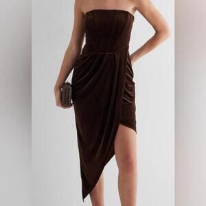 Express velvet strapless corset asymmetrical midi sheath dress in espresso color